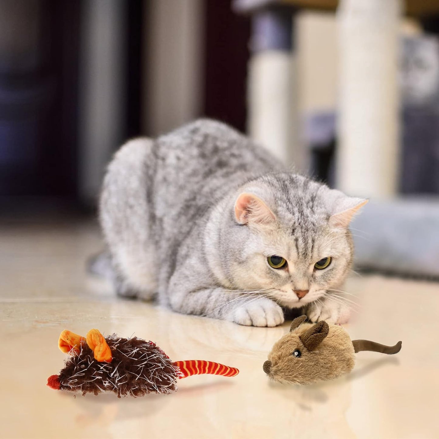 Interactive Cat Toys for Indoor Cats, Cat Mouse Toys 2 Pcs with Electronic Realistic Squeaky Sound, Automatic Moving Kitten Toys Electric Mice Toy Self Play Exercise(Brown & Orange Ears)