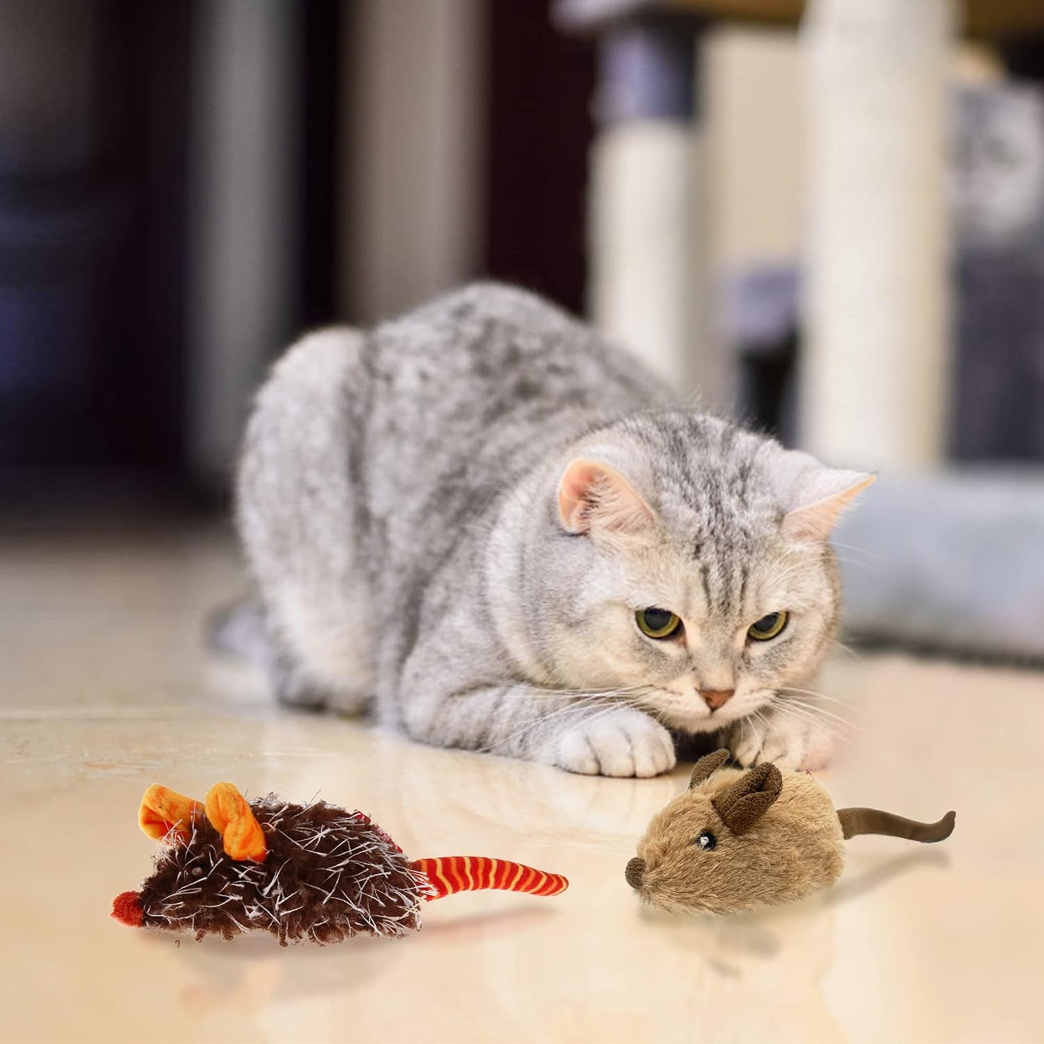 Interactive Cat Toys for Indoor Cats, Cat Mouse Toys 2 Pcs with Electronic Realistic Squeaky Sound, Automatic Moving Kitten Toys Electric Mice Toy Self Play Exercise(Brown & Orange Ears)