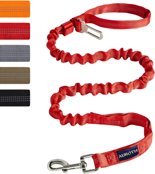 Heavy Duty Bungee Dog Leash for Large Breed Dogs, No Pull for Shock Absorption with Car Seat Belt, 2 Padded Handles 4.5Foot 6Foot Training Dog Leash Red