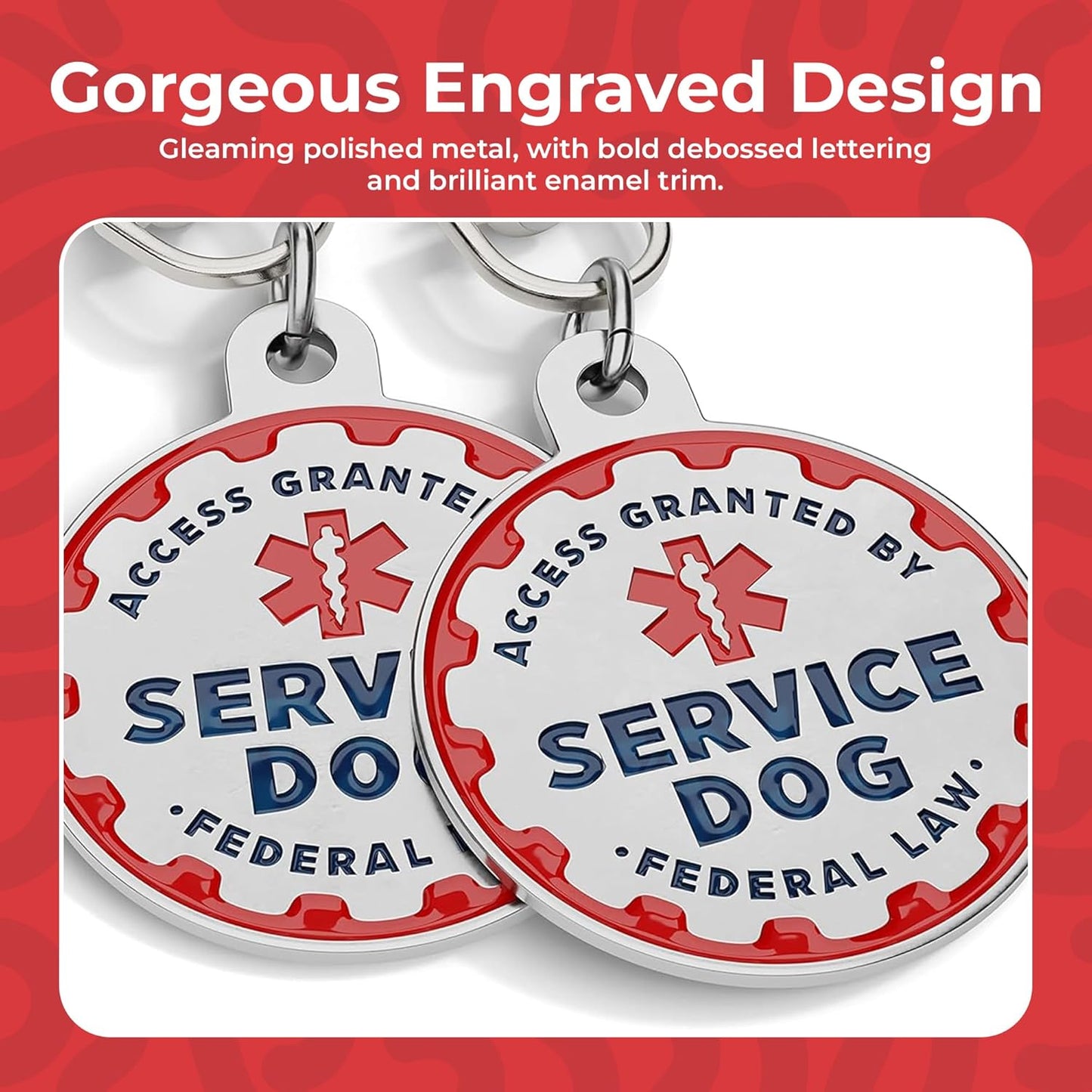 Service Dog Tag, 2 Pack: Metal Pet ID Tags for Service Animals, Emotional Support Dogs and Therapy Dogs, 1.25 Inch Diameter, Double Sided, Navy Lettering and Red Enamel Trim