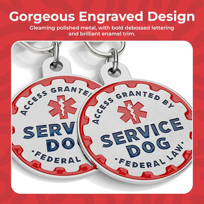Service Dog Tag, 2 Pack: Metal Pet ID Tags for Service Animals, Emotional Support Dogs and Therapy Dogs, 1.25 Inch Diameter, Double Sided, Navy Lettering and Red Enamel Trim