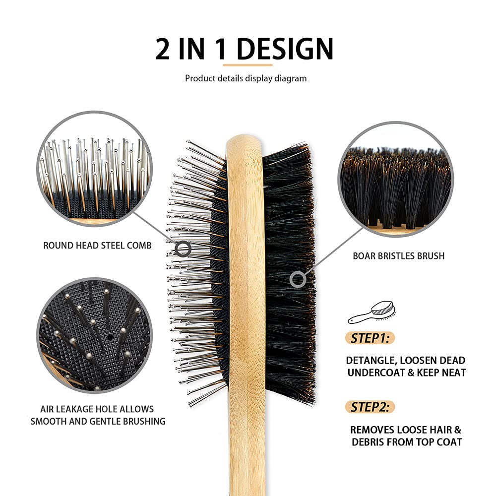 Dog Brush Cat Brush,  Double Sided Bristle and Pin Pet Brush for Dog Grooming, Real Boar Bristle Shedding Brush with Bamboo Handle for Long Short Hair, 2 Pack Dog Comb, Black