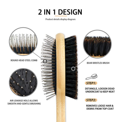 Dog Brush Cat Brush,  Double Sided Bristle and Pin Pet Brush for Dog Grooming, Real Boar Bristle Shedding Brush with Bamboo Handle for Long Short Hair, 2 Pack Dog Comb, Black