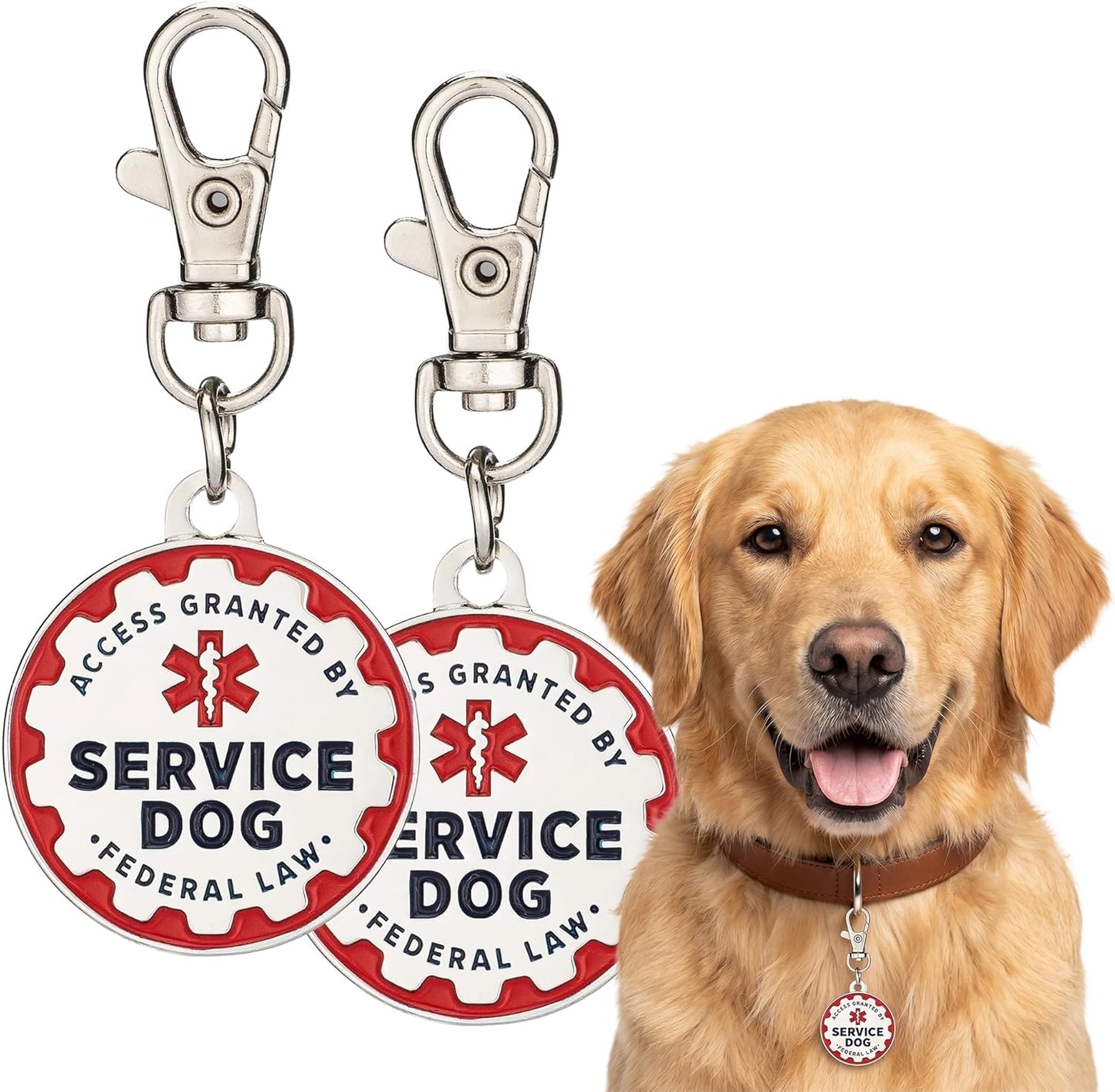 Service Dog Tag, 2 Pack: Metal Pet ID Tags for Service Animals, Emotional Support Dogs and Therapy Dogs, 1.25 Inch Diameter, Double Sided, Navy Lettering and Red Enamel Trim