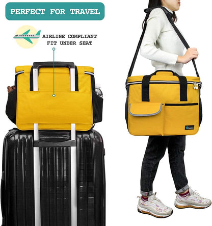 Dog Travel Bag Organizer, Pet Travel Kit with 2 Food Containers & 2 Collapsible Dog Bowls, Pet Supplies Tote with Luggage Sleeve, Weekend Road Trip Camping Essentials, Yellow, Medium