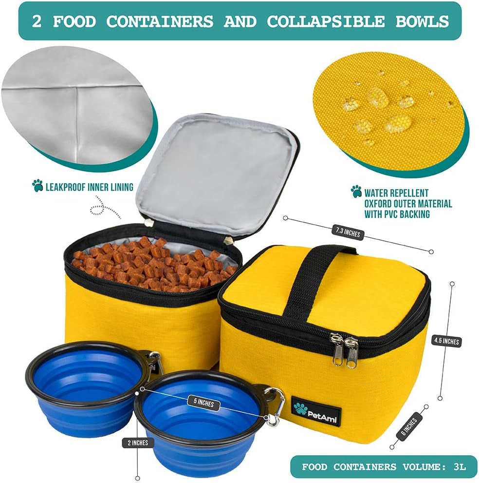Dog Travel Bag Organizer, Pet Travel Kit with 2 Food Containers & 2 Collapsible Dog Bowls, Pet Supplies Tote with Luggage Sleeve, Weekend Road Trip Camping Essentials, Yellow, Medium