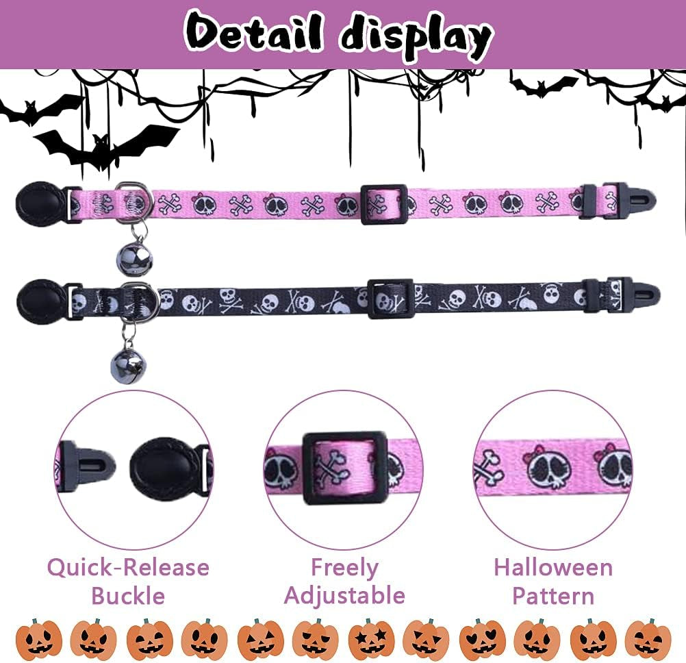 Cat Collar Breakaway with Bells, Kitten Collar Outfit Adjustable for Girl Boy Small Pet Puppy Bunny, Cute Costume Accessory with Safety Release Buckle (Skull)