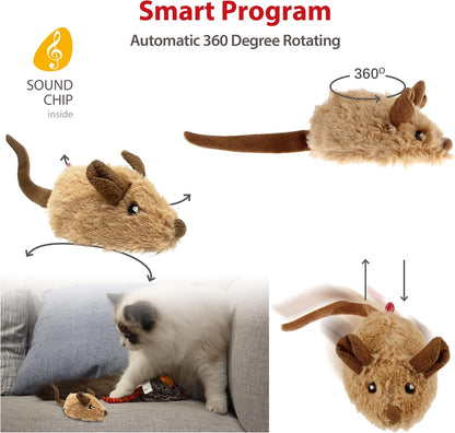 Interactive Cat Toys for Indoor Cats, Cat Mouse Toys 2 Pcs with Electronic Realistic Squeaky Sound, Automatic Moving Kitten Toys Electric Mice Toy Self Play Exercise(Brown & Orange Ears)