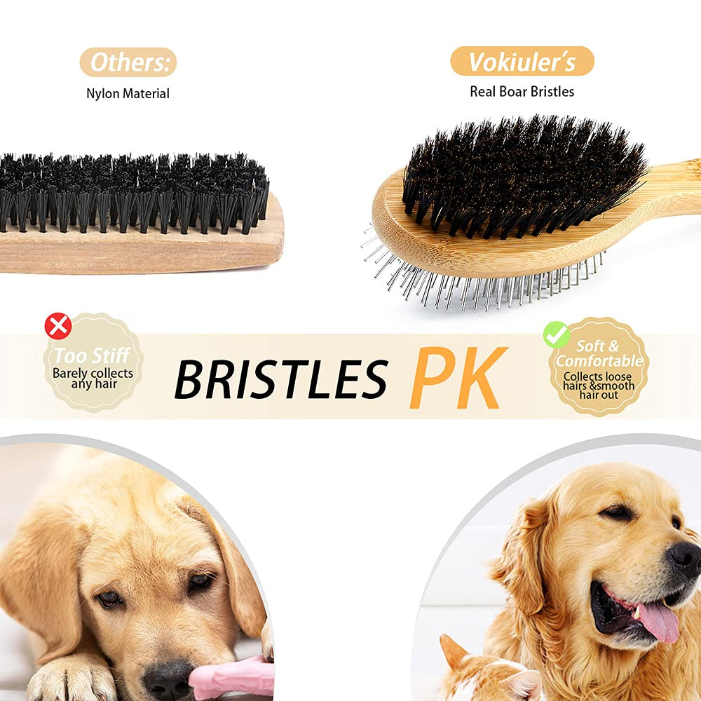 Dog Brush Cat Brush,  Double Sided Bristle and Pin Pet Brush for Dog Grooming, Real Boar Bristle Shedding Brush with Bamboo Handle for Long Short Hair, 2 Pack Dog Comb, Black