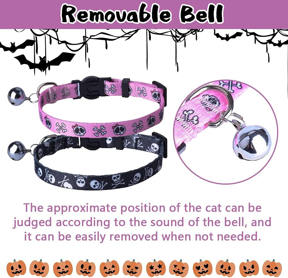 Cat Collar Breakaway with Bells, Kitten Collar Outfit Adjustable for Girl Boy Small Pet Puppy Bunny, Cute Costume Accessory with Safety Release Buckle (Skull)