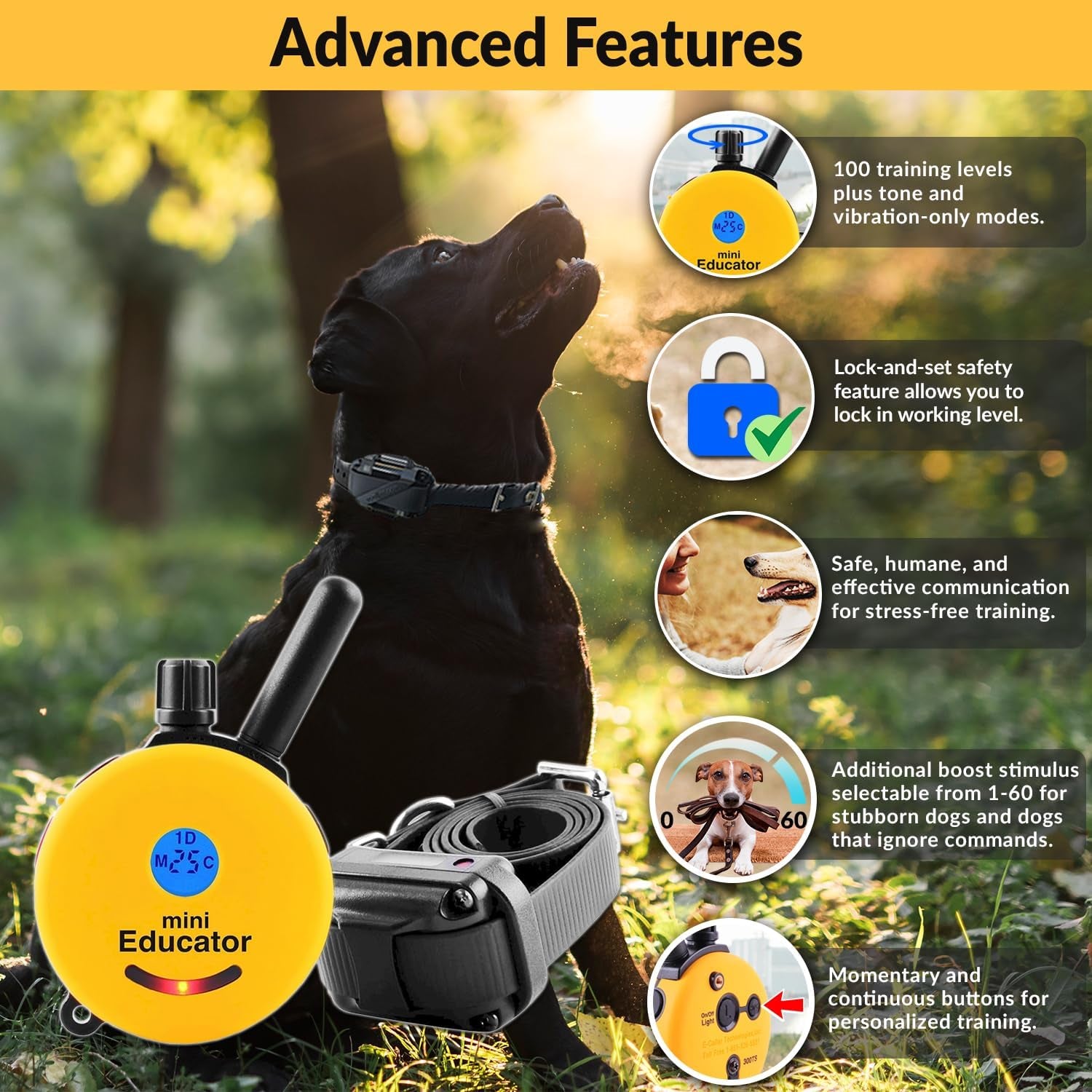 E-Collar ET-300 Mini  Remote Dog Training Collar, Yellow | 1/2 Mile Waterproof, 100 Stimulation Levels + Vibration + Light + Sound, Premium Finger Clicker Trainer