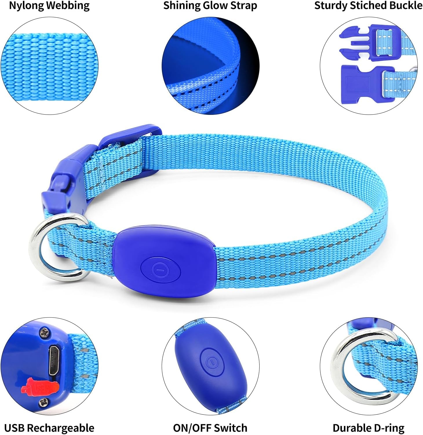 Light up Dog Collar for Small Dogs, Reflective LED Dog Collar Rechargeable Puppy Collar Glowing Cat Collars Safety Dog Lights for Night Walking (Royal Blue)