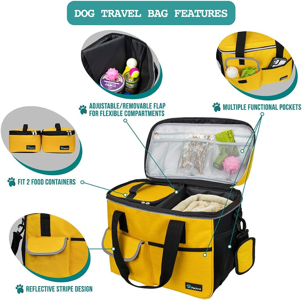 Dog Travel Bag Organizer, Pet Travel Kit with 2 Food Containers & 2 Collapsible Dog Bowls, Pet Supplies Tote with Luggage Sleeve, Weekend Road Trip Camping Essentials, Yellow, Medium