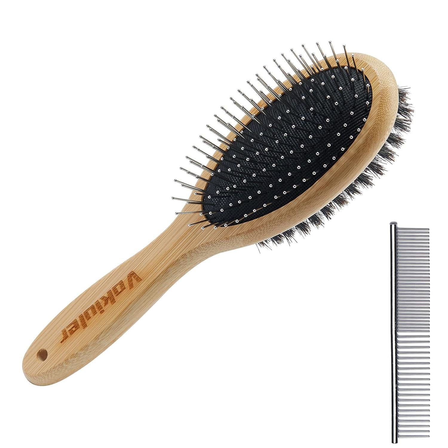 Dog Brush Cat Brush,  Double Sided Bristle and Pin Pet Brush for Dog Grooming, Real Boar Bristle Shedding Brush with Bamboo Handle for Long Short Hair, 2 Pack Dog Comb, Black