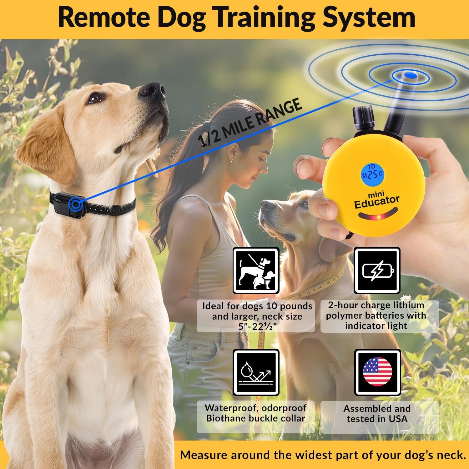 E-Collar ET-300 Mini  Remote Dog Training Collar, Yellow | 1/2 Mile Waterproof, 100 Stimulation Levels + Vibration + Light + Sound, Premium Finger Clicker Trainer