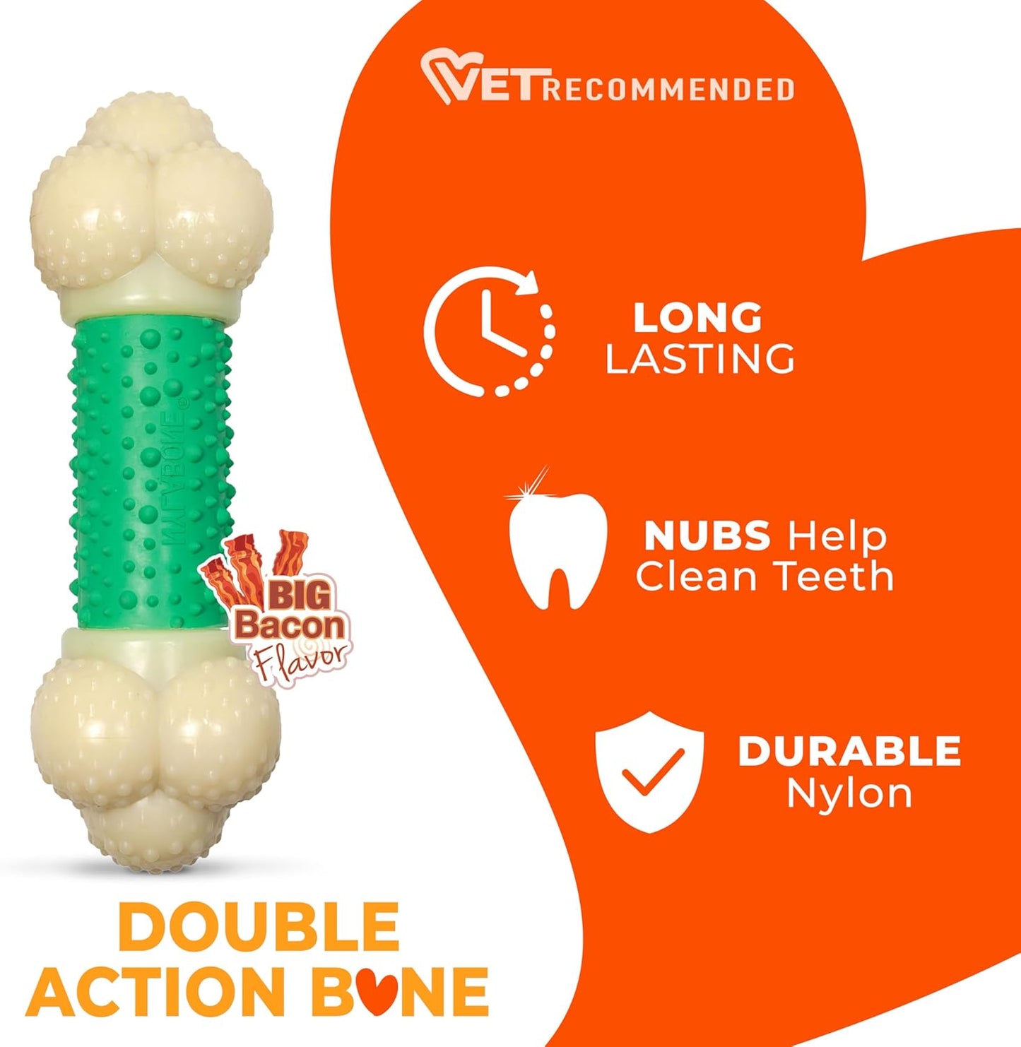 Double Action Bone Power Chew Toy for Dogs, Dog Toys for Aggressive Chewers, Bacon Flavor, X-Large - 50+ Lbs, 1 Count