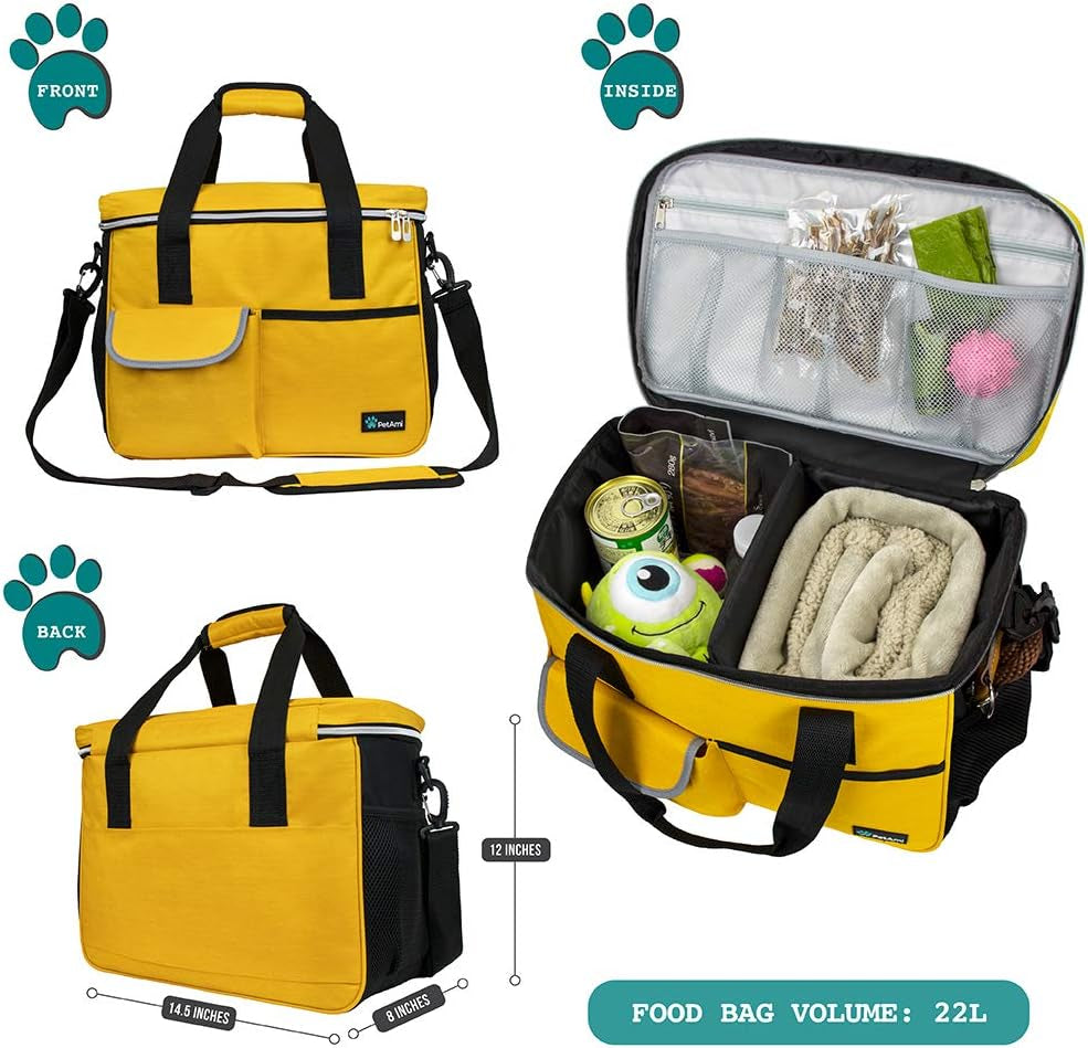 Dog Travel Bag Organizer, Pet Travel Kit with 2 Food Containers & 2 Collapsible Dog Bowls, Pet Supplies Tote with Luggage Sleeve, Weekend Road Trip Camping Essentials, Yellow, Medium
