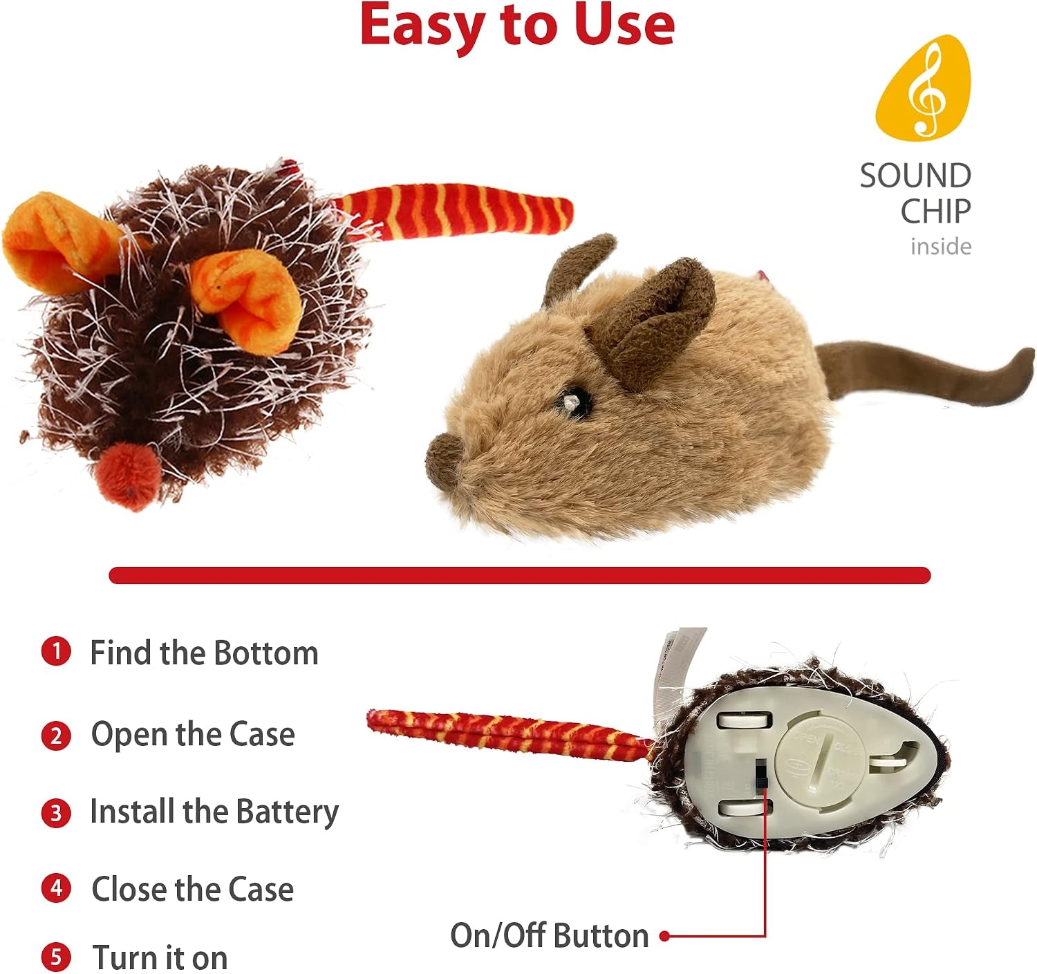 Interactive Cat Toys for Indoor Cats, Cat Mouse Toys 2 Pcs with Electronic Realistic Squeaky Sound, Automatic Moving Kitten Toys Electric Mice Toy Self Play Exercise(Brown & Orange Ears)
