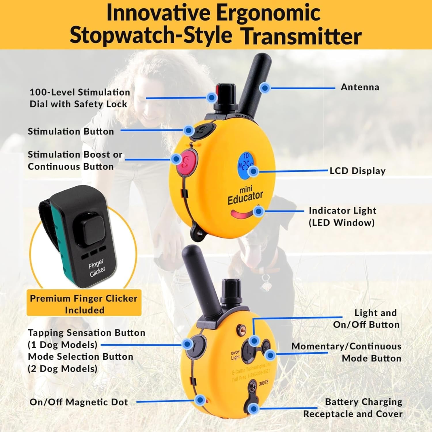 E-Collar ET-300 Mini  Remote Dog Training Collar, Yellow | 1/2 Mile Waterproof, 100 Stimulation Levels + Vibration + Light + Sound, Premium Finger Clicker Trainer